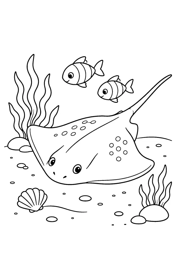Dessin à colorier d’une raie et de petits poissons au fond