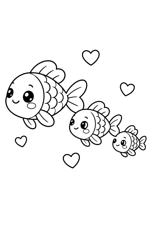 Dessin à colorier de trois poissons nageant parmi des cœurs