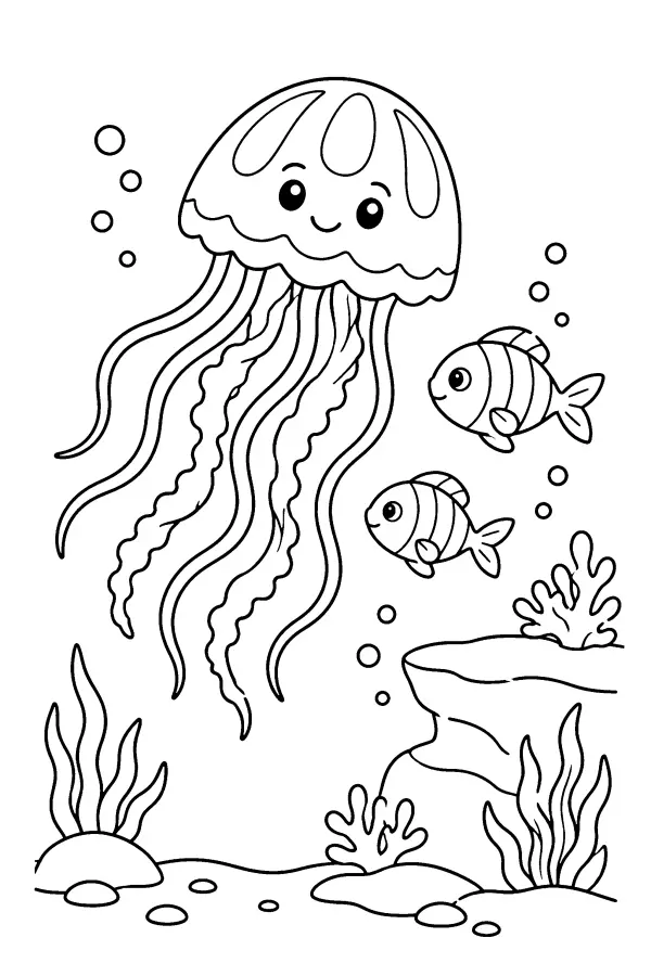 Coloriage d’une méduse dérivant près de poissons