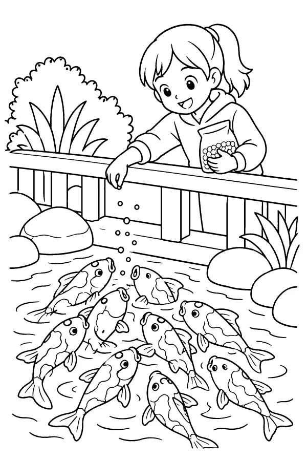 Dessin à colorier d’un enfant nourrissant des koïs