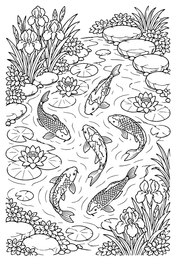 Coloriage détaillé de koïs dans un étang fleuri