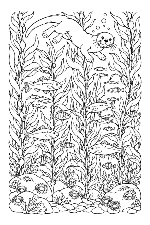 Dessin à colorier d’une loutre et de poissons dans les algues