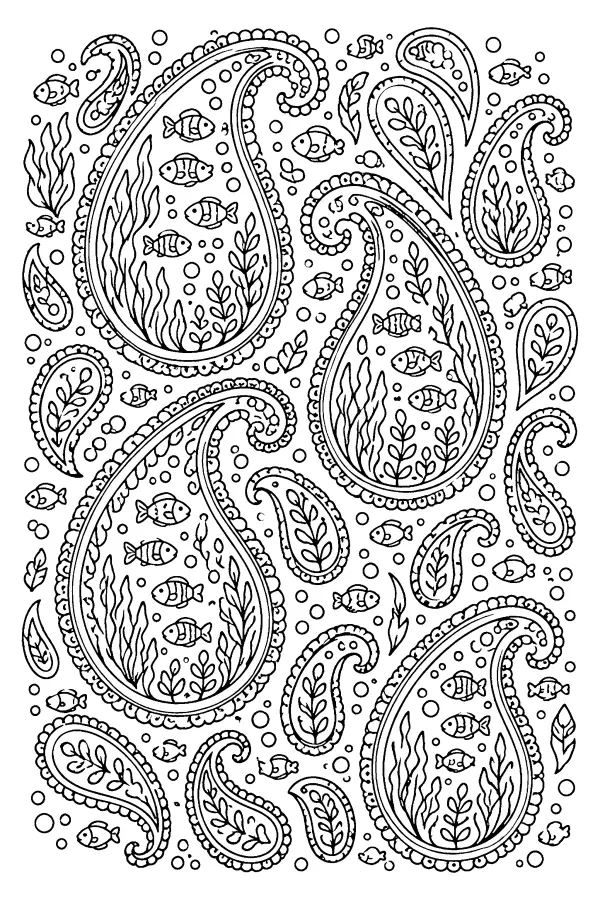 Coloriage détaillé de poissons dans des motifs paisley