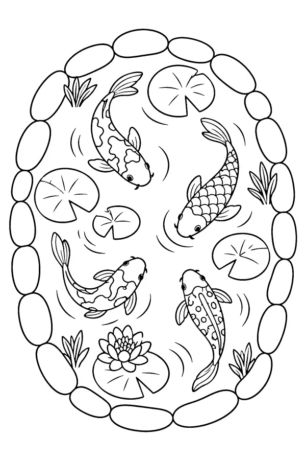 Dessin à colorier de quatre poissons koïs dans un étang