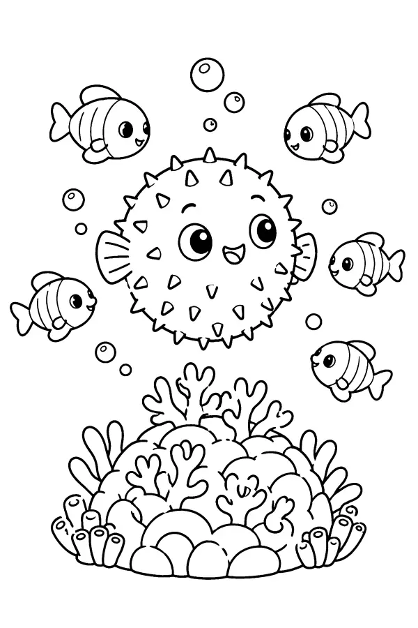 Dessin à colorier d’un poisson-globe au-dessus d’un corail