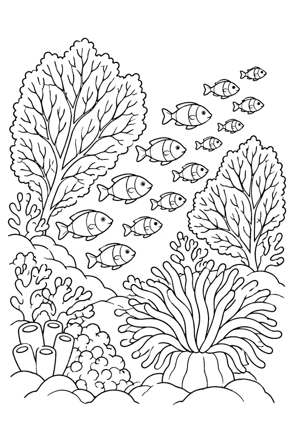 Coloriage d’un banc de poissons sur un récif corallien