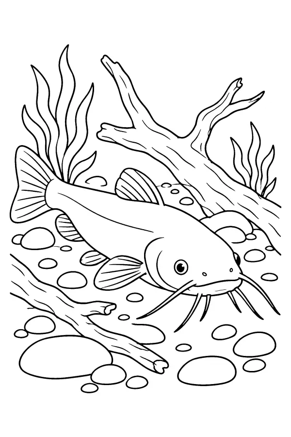 Dessin à colorier d’un poisson-chat au fond de la rivière