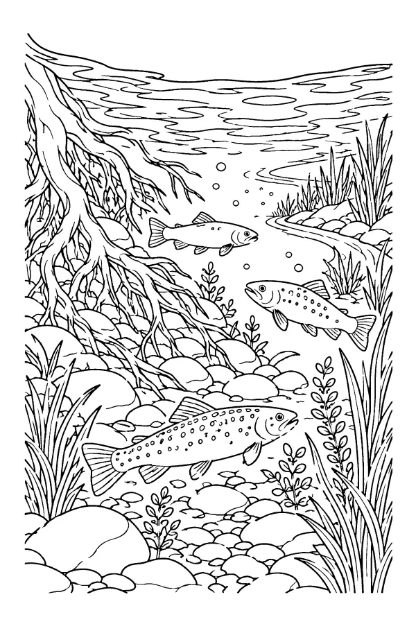 Coloriage détaillé de truites dans une rivière