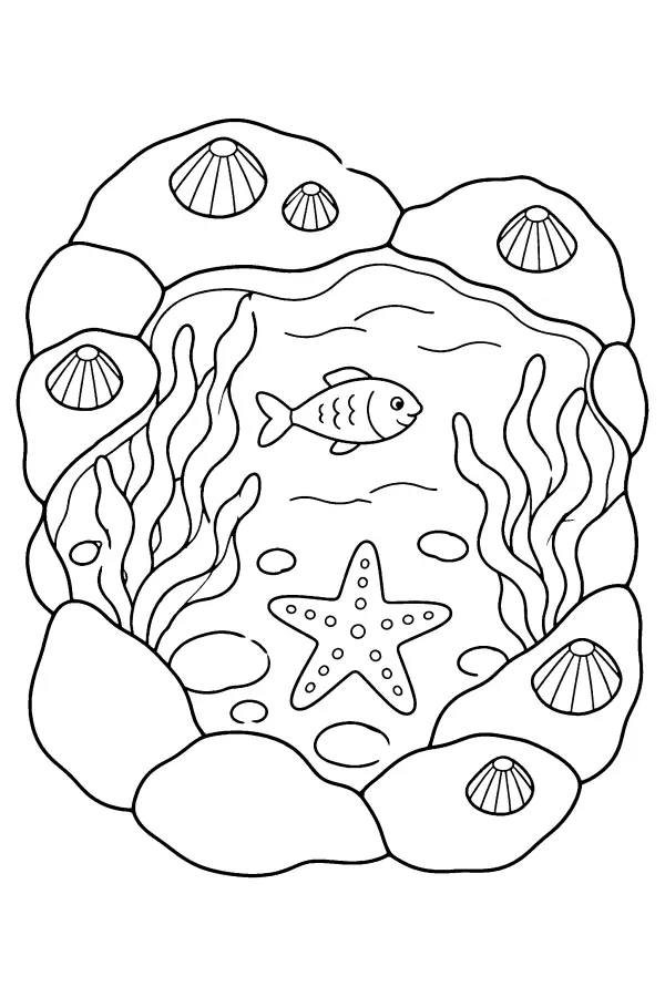 Coloriage d’un poisson dans une mare rocheuse