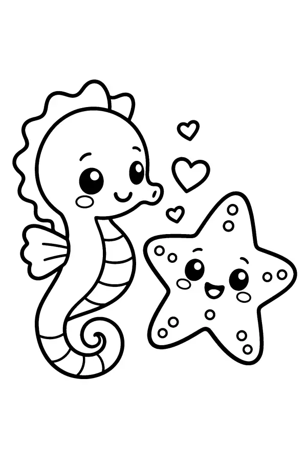 Coloriage poisson d’un hippocampe et d’une étoile de mer