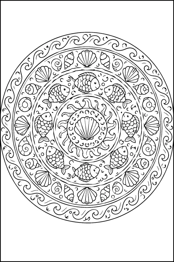 Coloriage détaillé d’un mandala de poissons et de coquillages