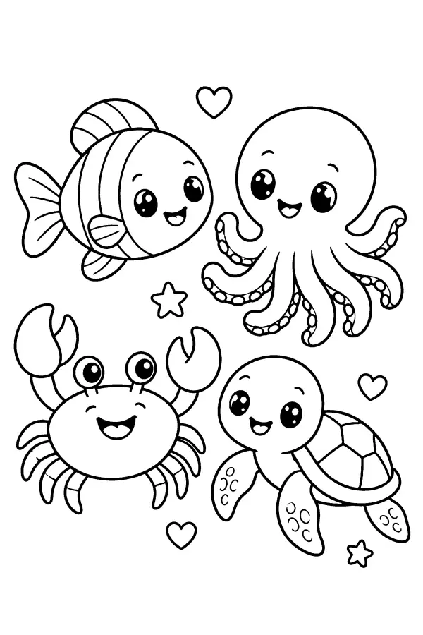 Coloriage d’un poisson et d’amis marins souriants