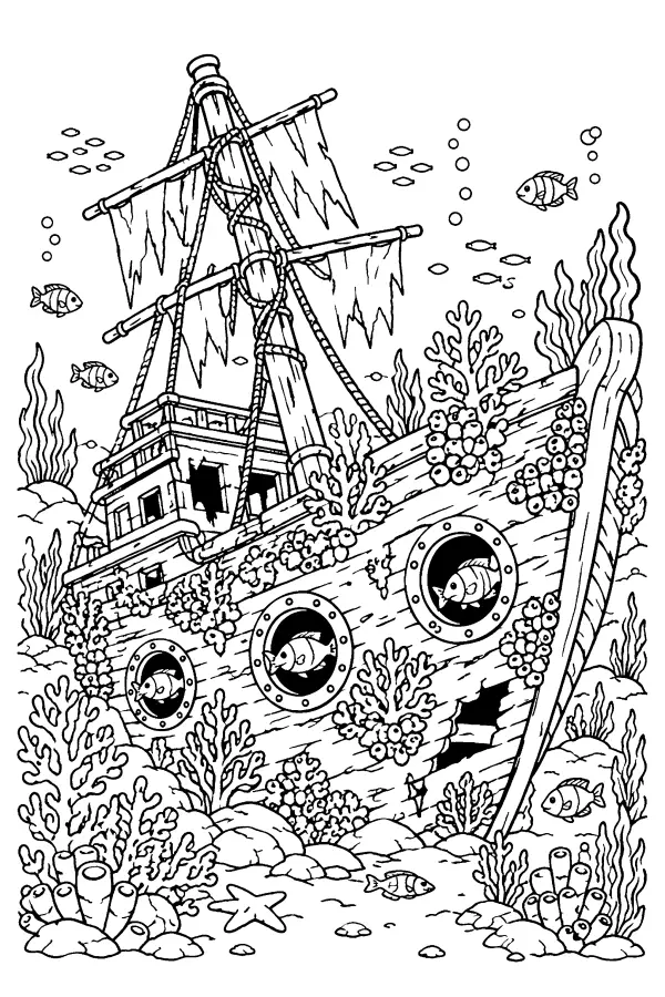 Coloriage détaillé d’une épave peuplée de poissons