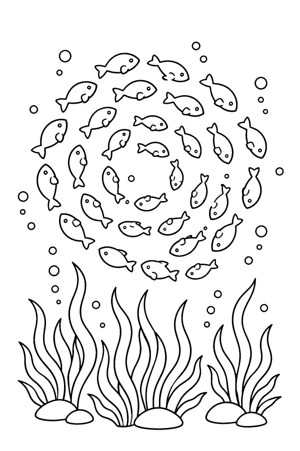 Coloriage d’un banc de petits poissons qui tourbillonnent