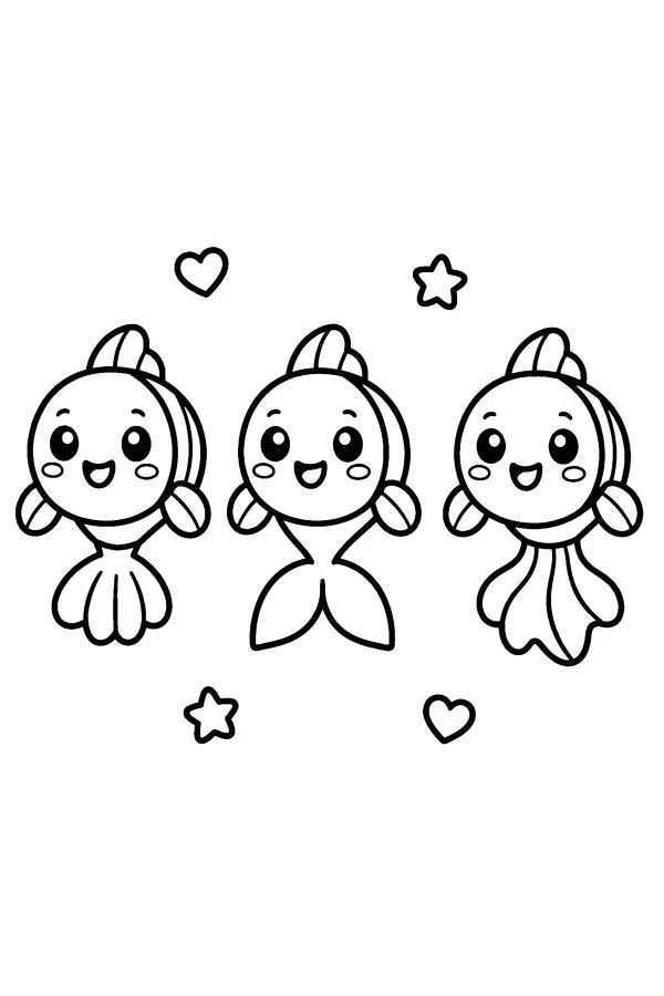 Dessin à colorier de trois poissons souriants en rangée