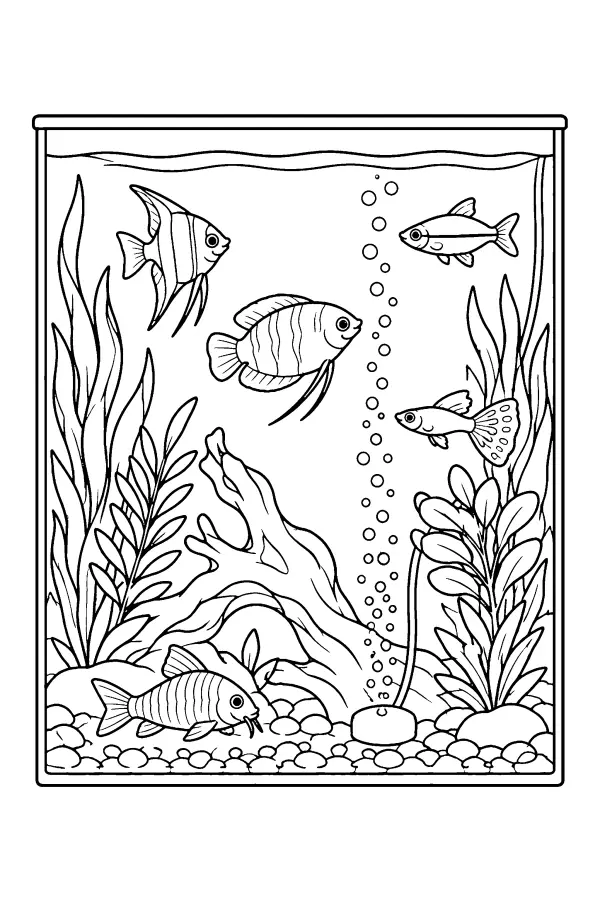 Dessin à colorier d’un aquarium tropical rempli de poissons