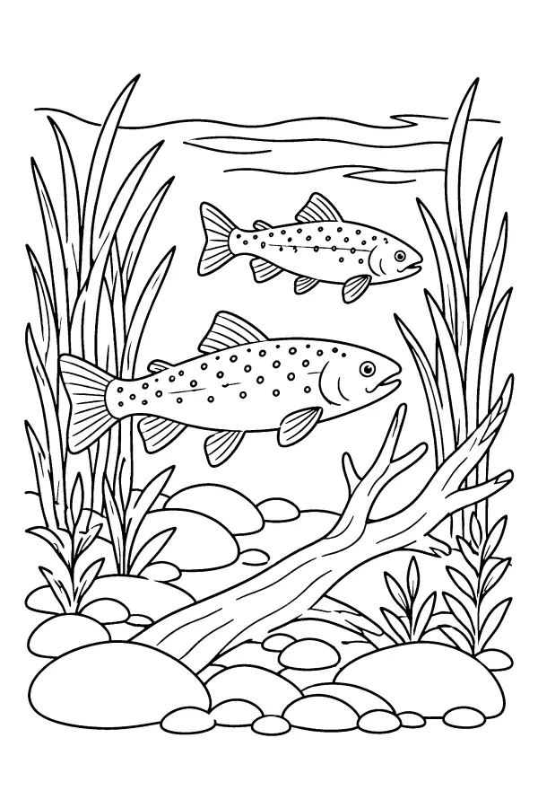 Coloriage de truites nageant parmi les roseaux