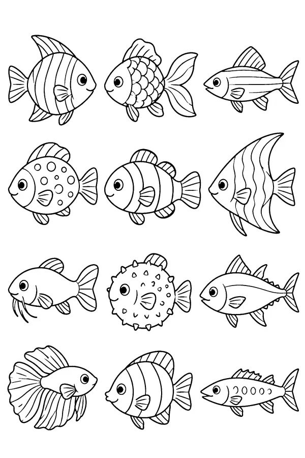 Coloriage de douze poissons différents en grille