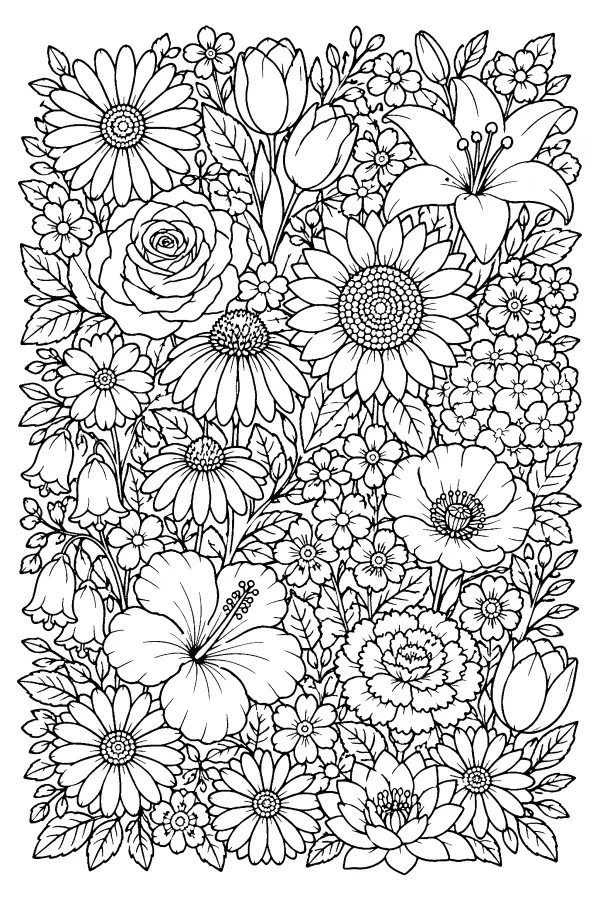 Coloriage détaillé d’une tapisserie de fleurs