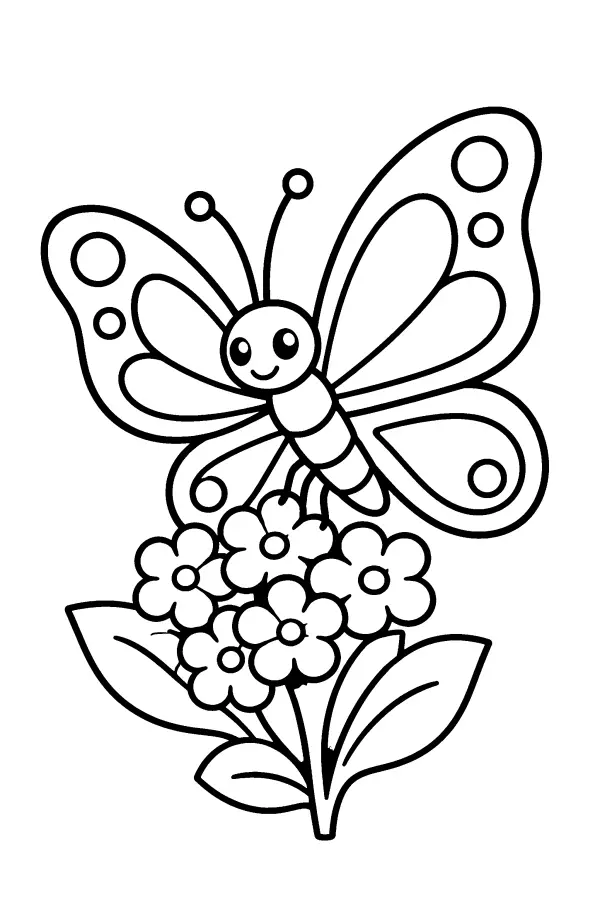 Coloriage d’un papillon posé sur un bouquet de fleurs