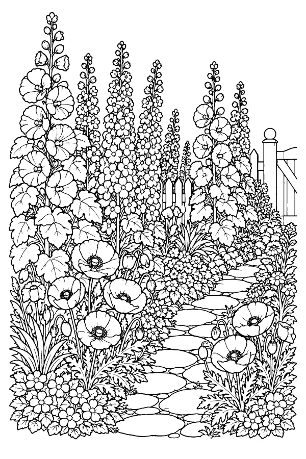 Coloriage détaillé d’une allée de jardin de fleurs