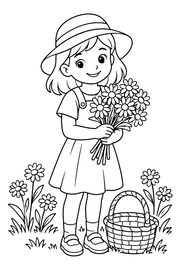 Coloriage d’un enfant cueillant des fleurs marguerites