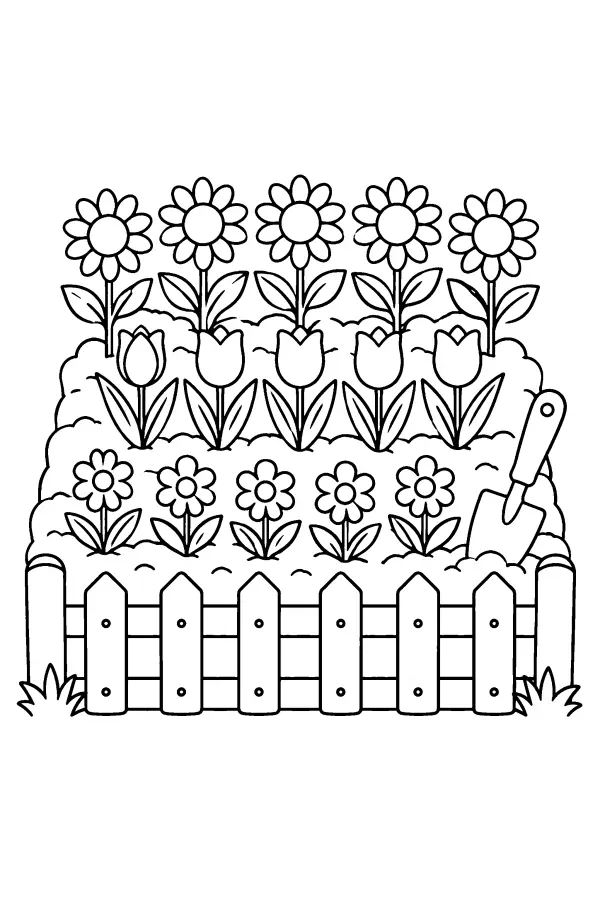 Coloriage d’un jardin de fleurs derrière une clôture