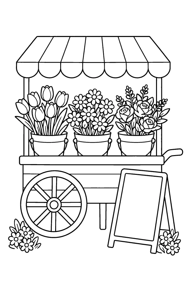 Dessin à colorier d’une charrette de fleurs au marché
