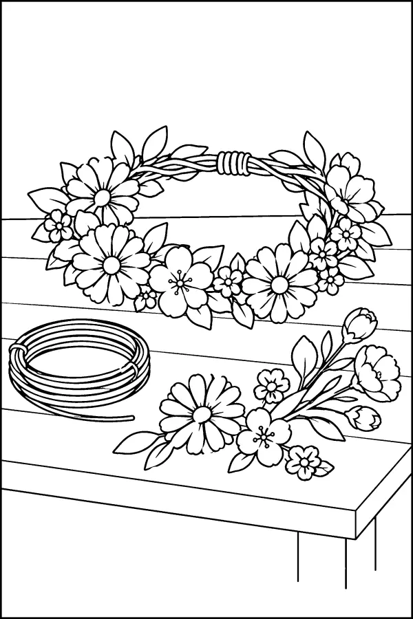 Coloriage d’une couronne de fleurs sur une table