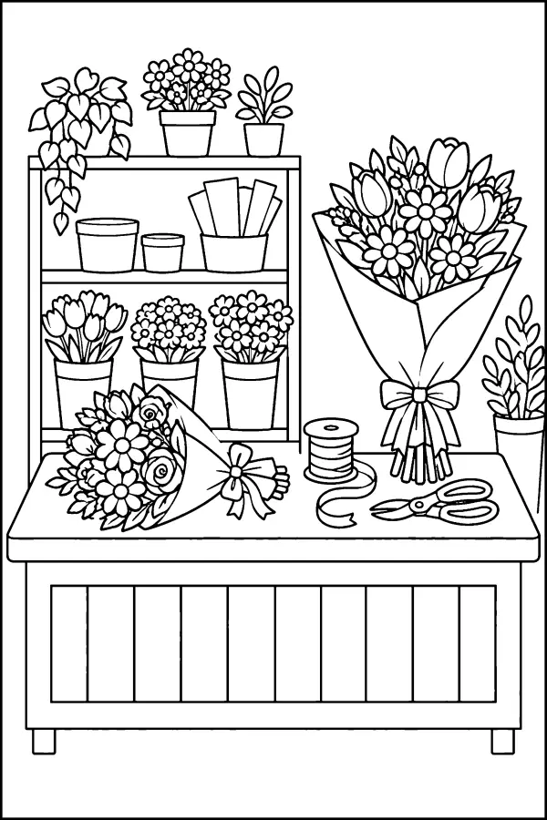 Coloriage d’un comptoir de fleuriste rempli de fleurs