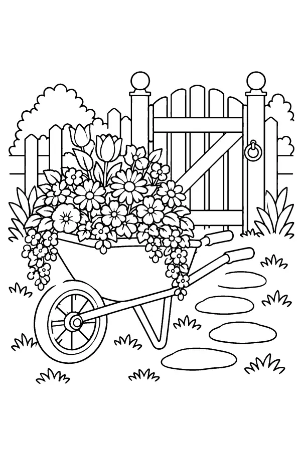 Coloriage d’une brouette remplie de fleurs