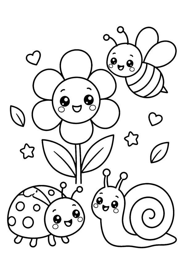 Dessin à colorier d’amis du jardin autour d’une fleur