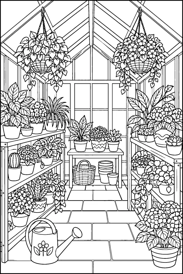 Coloriage détaillé d’une serre remplie de fleurs