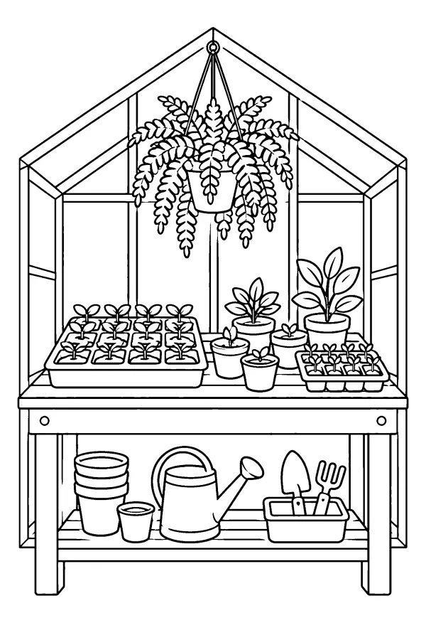 Dessin à colorier d’un établi de serre à fleurs