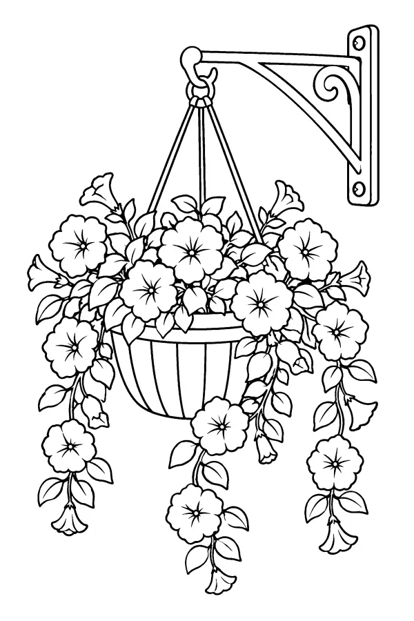 Dessin à colorier d’un panier de fleurs pétunias