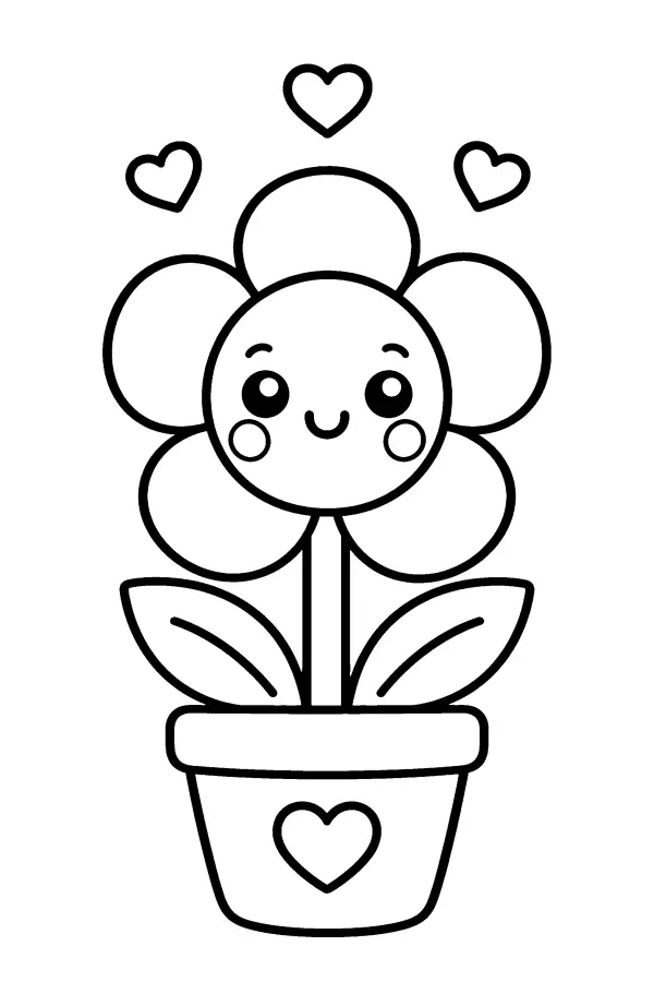 Coloriage d’une fleur souriante en pot entourée de cœurs