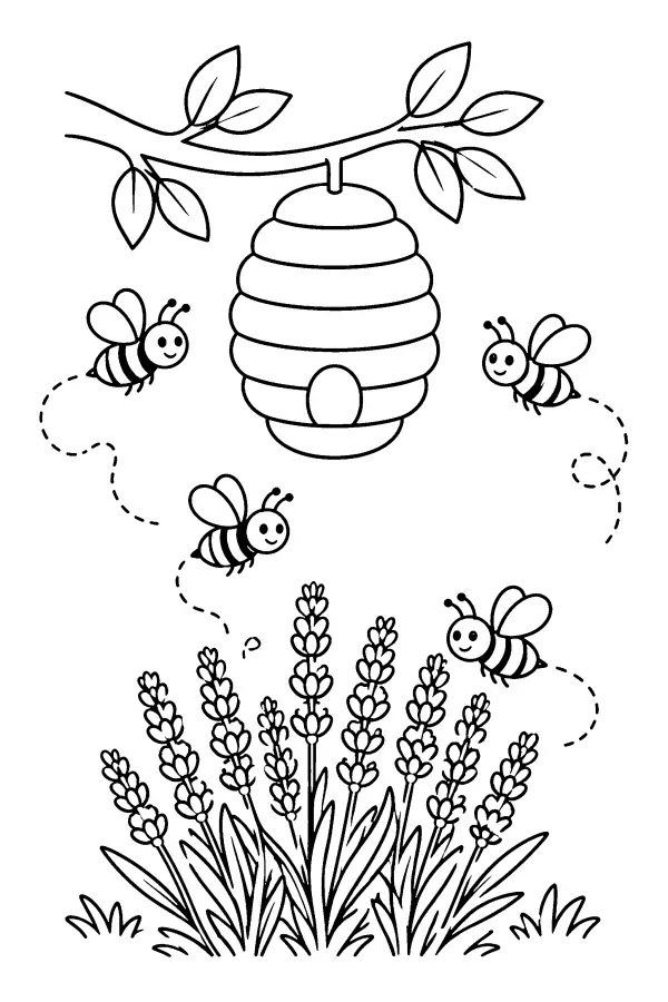 Coloriage de fleurs de lavande sous une ruche