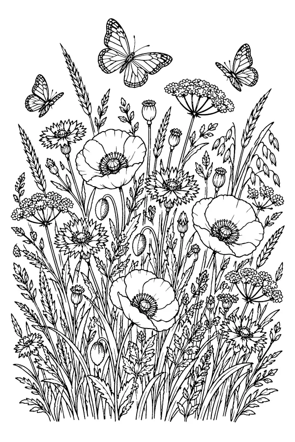 Dessin à colorier d’une prairie de fleurs sauvages