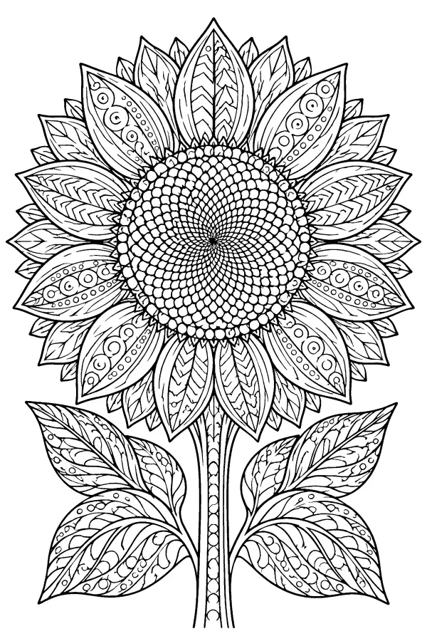 Coloriage détaillé d’un tournesol à motifs
