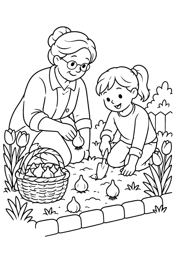 Dessin à colorier de plantation de bulbes de fleurs