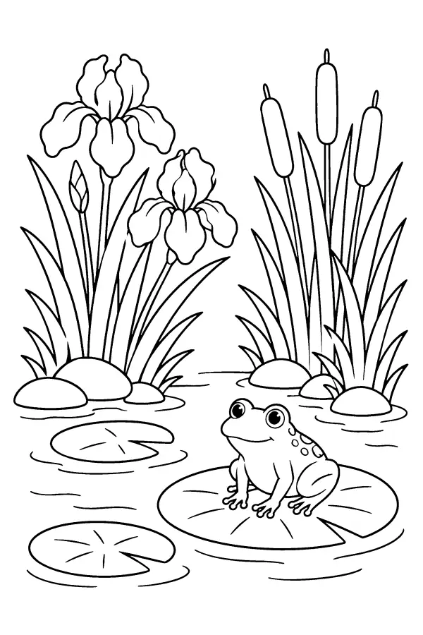 Dessin à colorier d’une grenouille parmi les fleurs d’étang