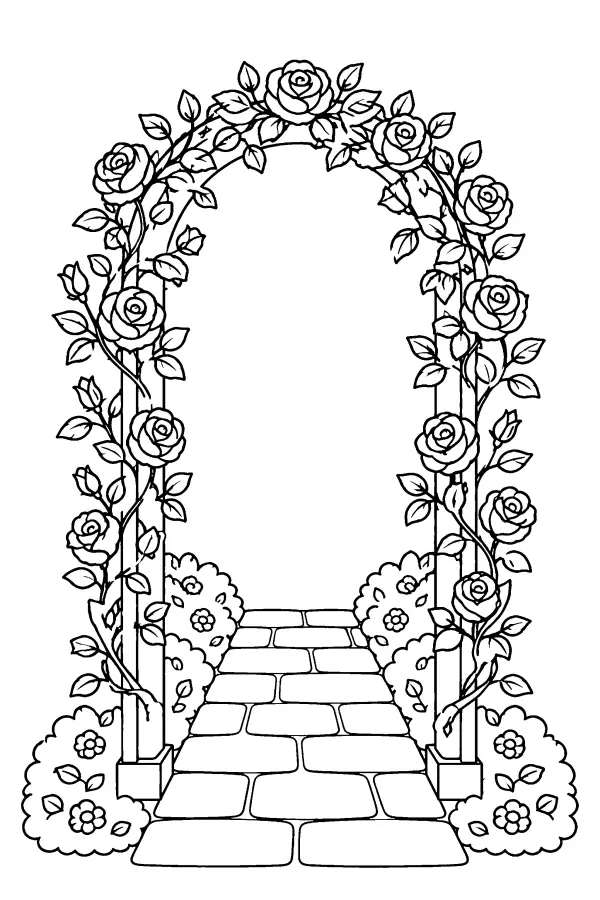 Coloriage d’une tonnelle de fleurs roses
