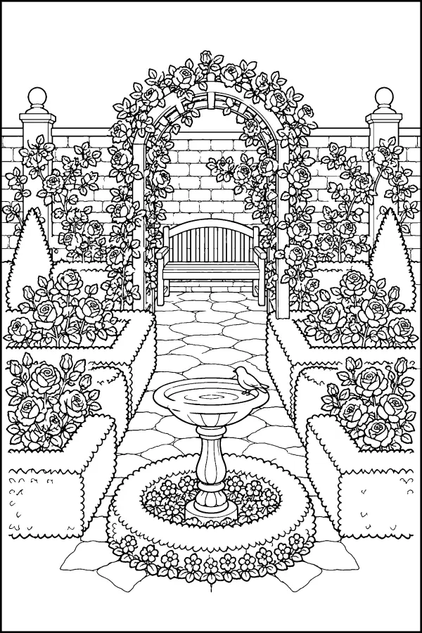 Coloriage détaillé d’une roseraie de fleurs