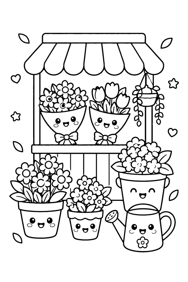 Coloriage d’un étal de fleurs souriantes