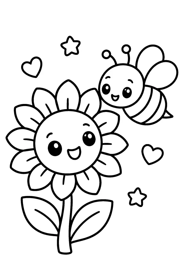 Coloriage facile d’un tournesol fleur et d’une abeille