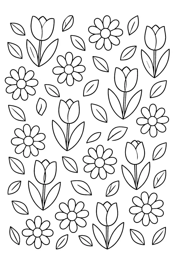 Coloriage motif de fleurs tulipes et marguerites