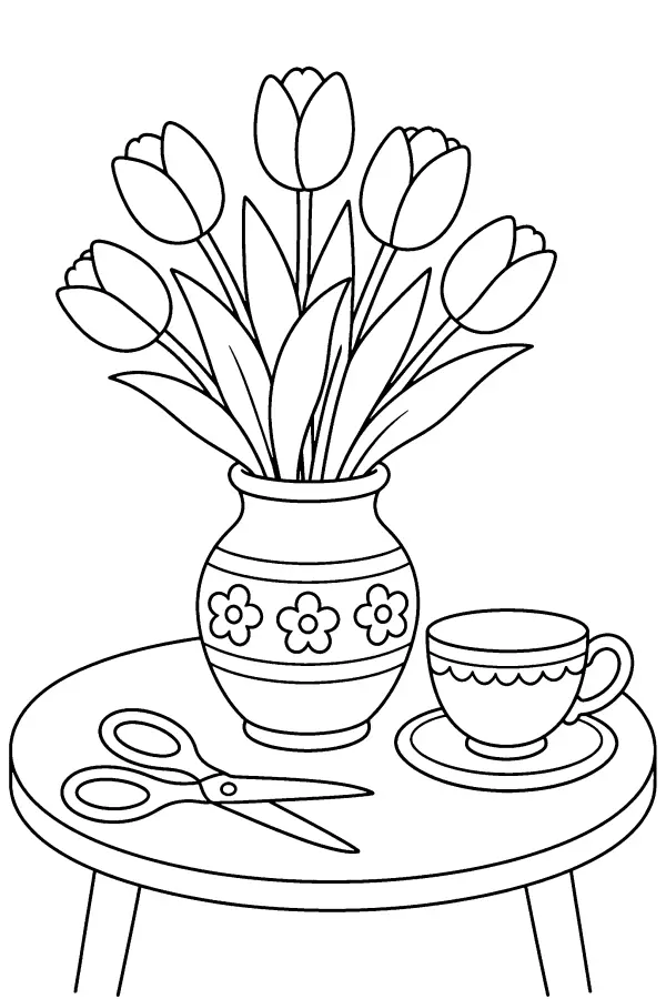 Dessin à colorier de tulipes fleurs près d’une tasse
