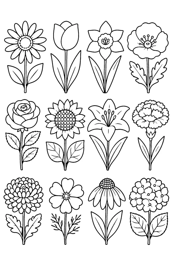 Coloriage d’une grille de douze fleurs différentes