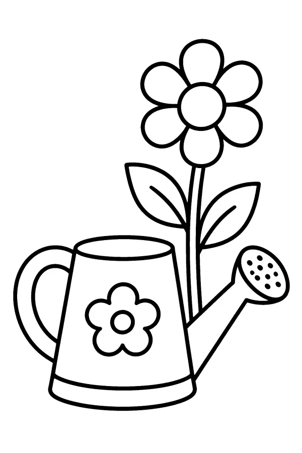 Dessin à colorier d’une fleur près d’un arrosoir