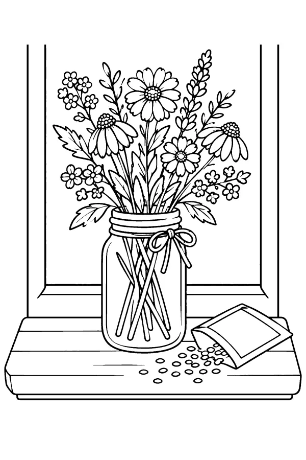 Coloriage de fleurs sauvages dans un bocal